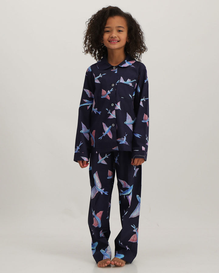 Girls Long Pyjamas - Flying Fish on Navy Front - Woodstock Laundry