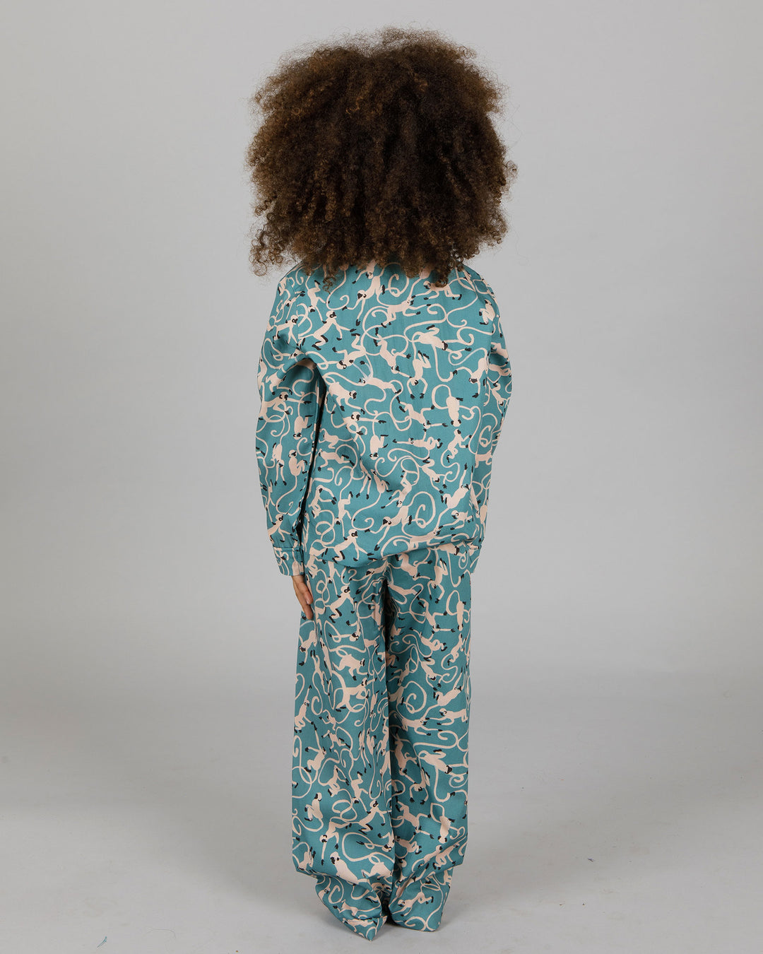 Girls Long Pyjamas Monkeys Teal Back - Woodstock Laundry