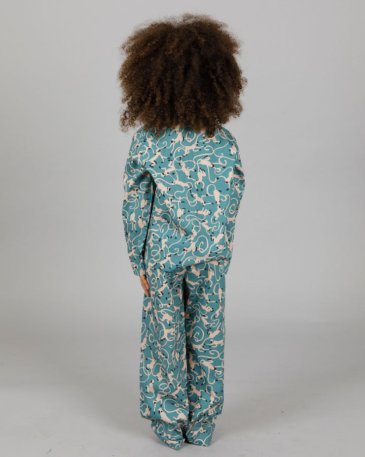 Girls Long Pyjamas - Monkeys on Teal Back - Woodstock Laundry