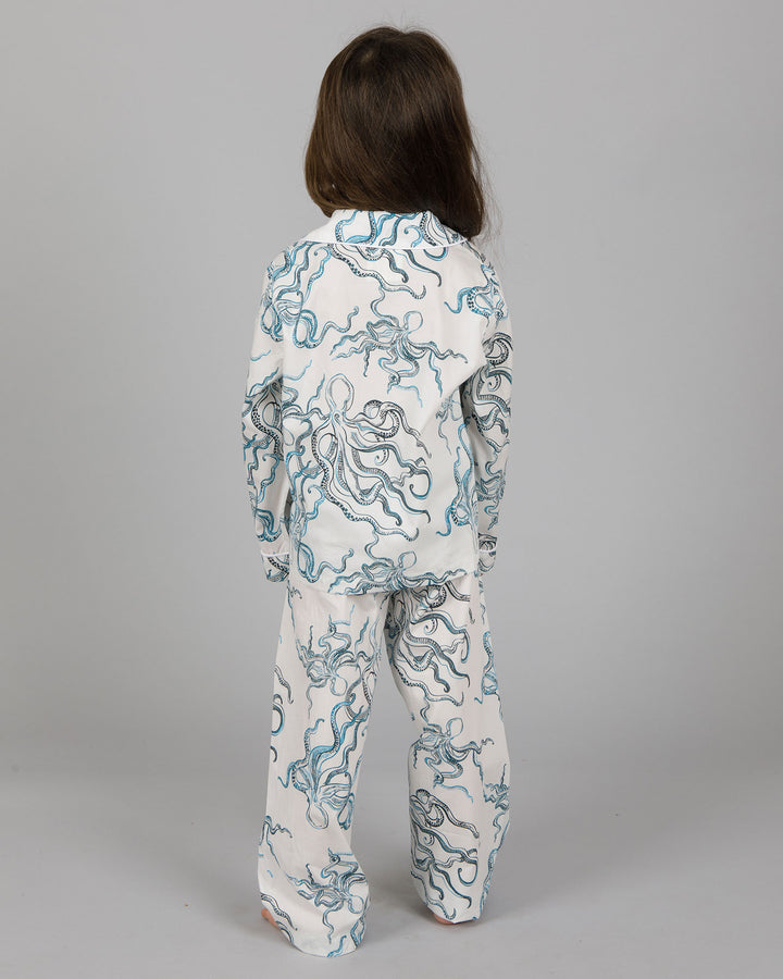 Girls Long Pyjamas - Indigo Mini Octopus on White Back - Woodstock Laundry