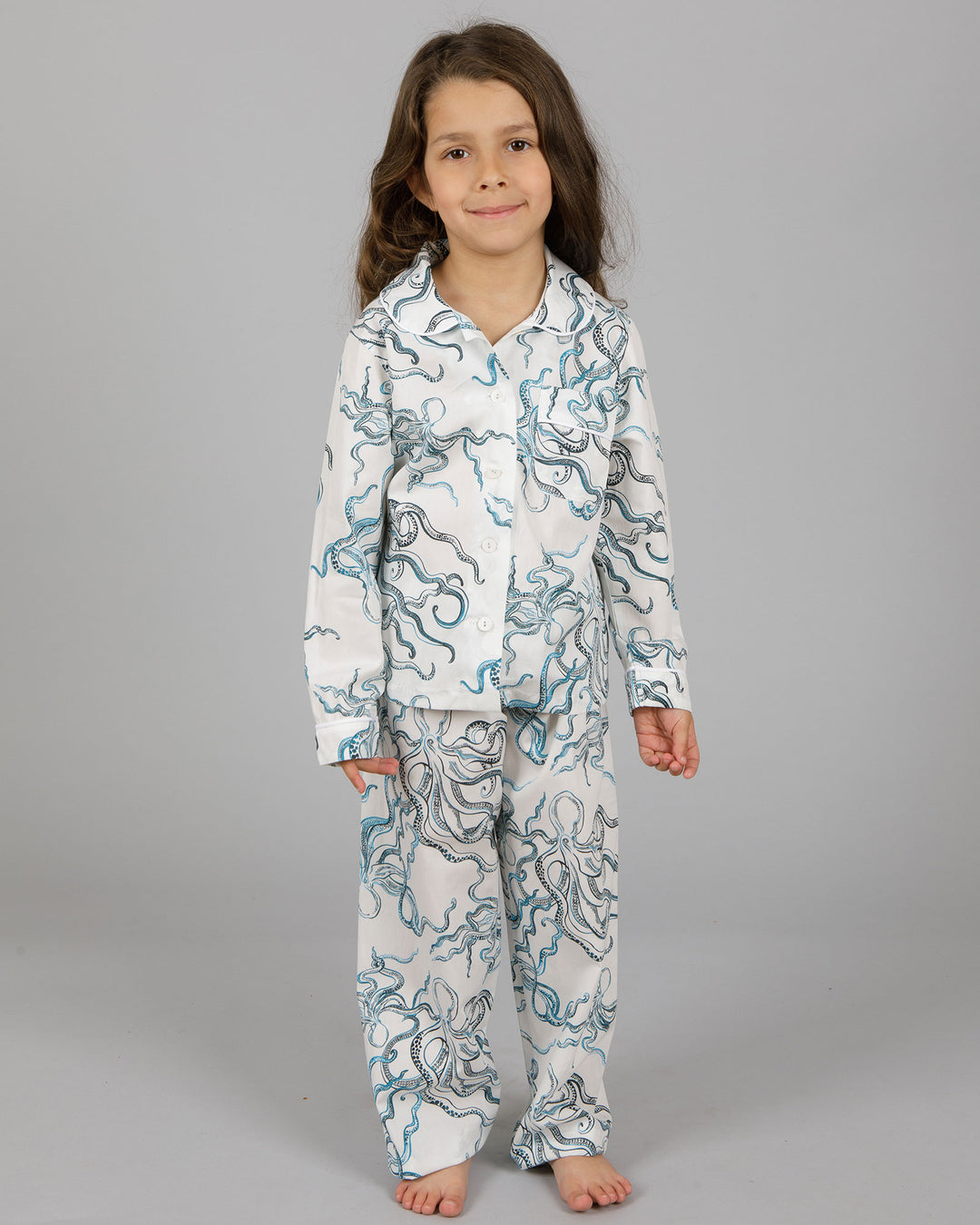 Girls Long Pyjamas - Indigo Mini Octopus on White Front - Woodstock Laundry