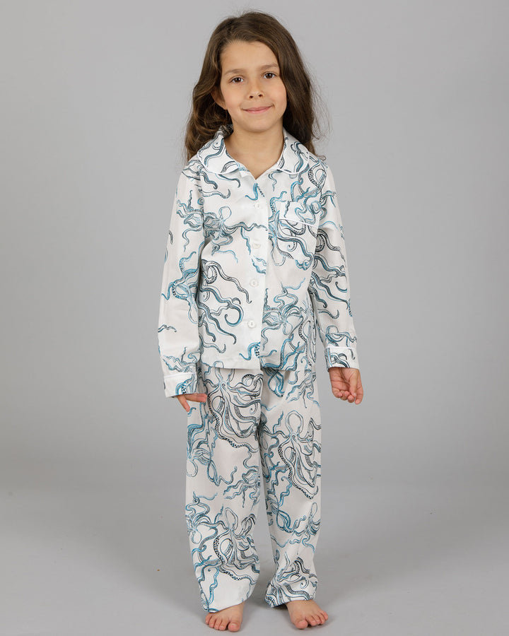 Girls Long Pyjamas - Indigo Mini Octopus on White Front - Woodstock Laundry