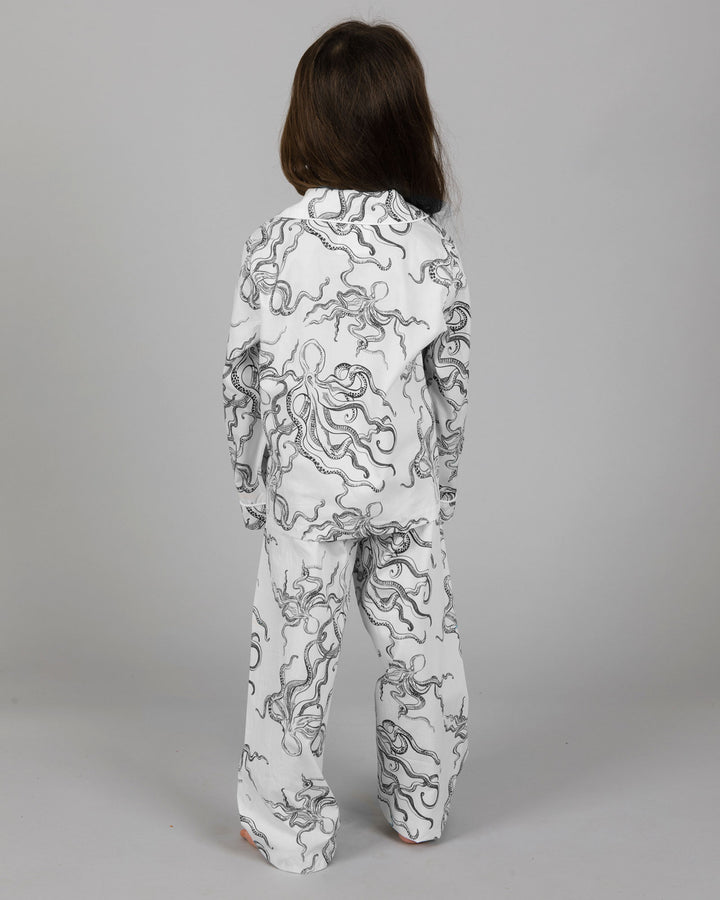 Girls Long Pyjamas - White Mini Octopus on Black Back - Woodstock Laundry