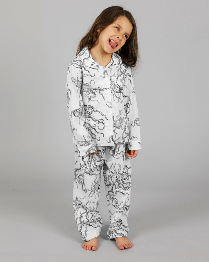 Girls Long Pyjamas - White Mini Octopus on Black Front - Woodstock Laundry