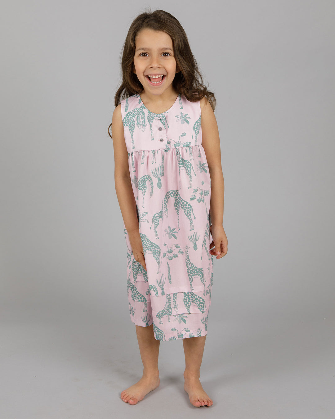 Girls Nighty - Green Giraffes on Pink Front - Woodstock Laundry