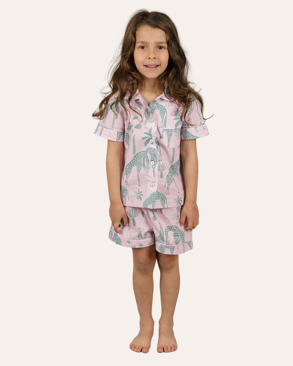 Girls Short Pyjamas Giraffes Pink Front - Woodstock Laundry