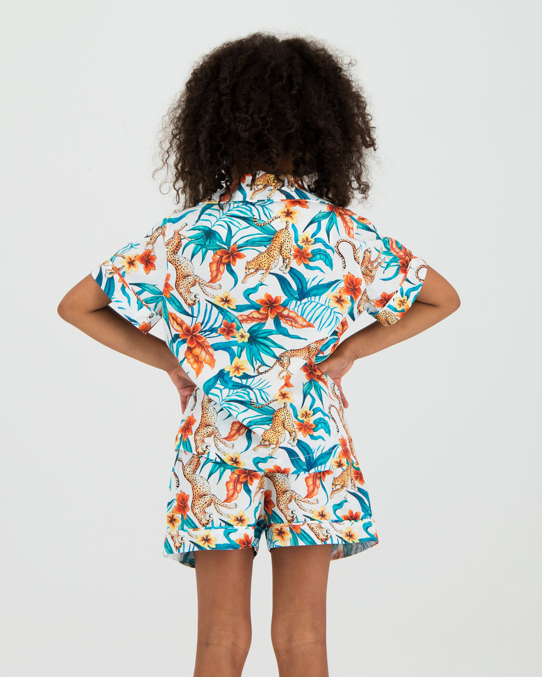 Girls Short Pyjamas - Jungle Cheetah on White Back - Woodstock Laundry