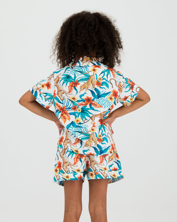 Girls Short Pyjamas - Jungle Cheetah on White Back - Woodstock Laundry