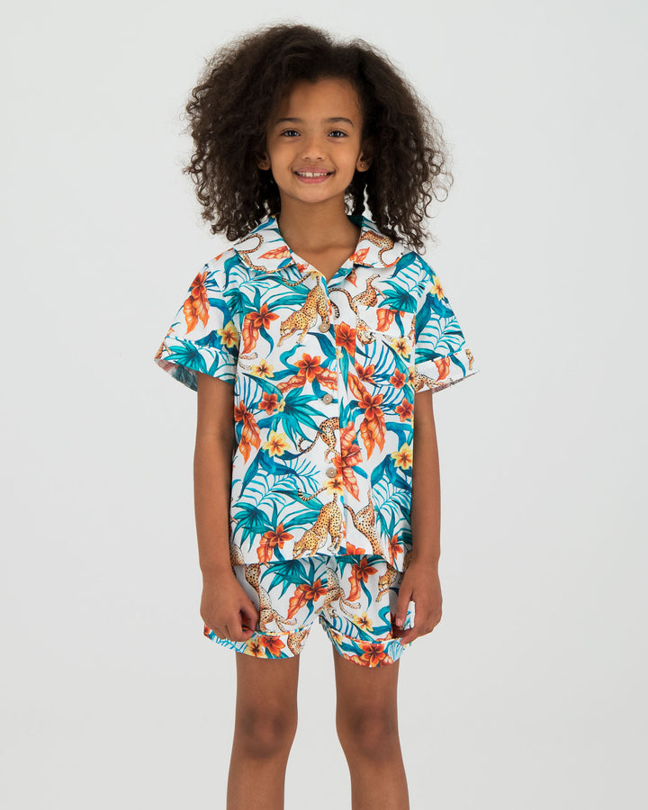 Girls Short Pyjamas - Jungle Cheetah on White Front - Woodstock Laundry