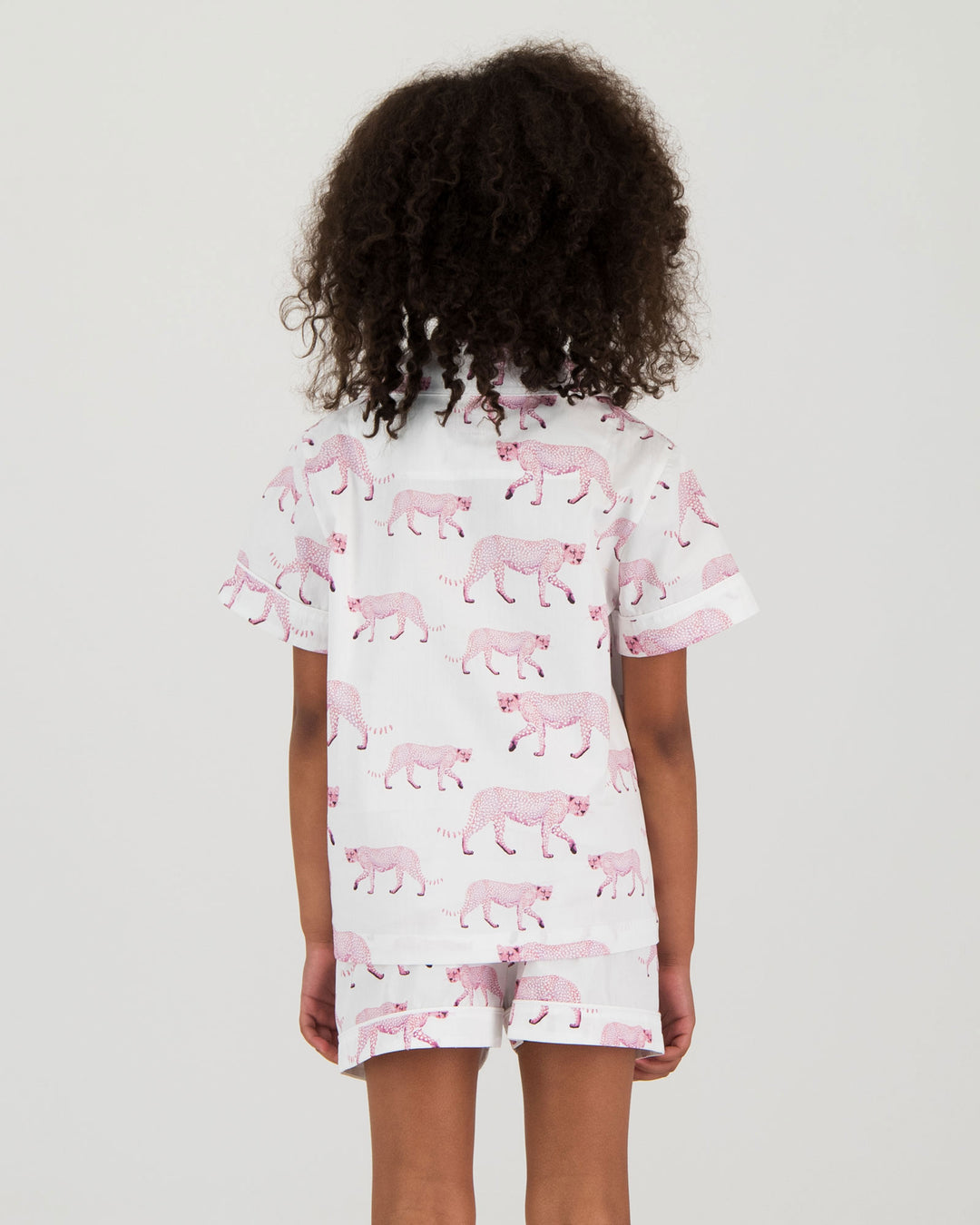 Girls Short Pyjamas - Pink Cheetahs on White Back - Woodstock Laundry