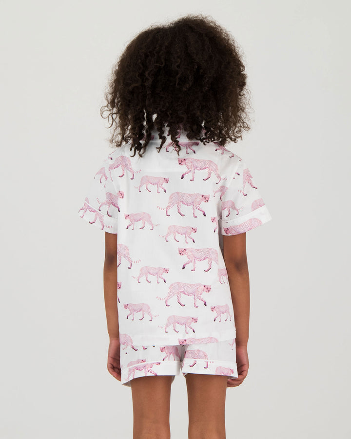Girls Short Pyjamas - Pink Cheetahs on White Back - Woodstock Laundry