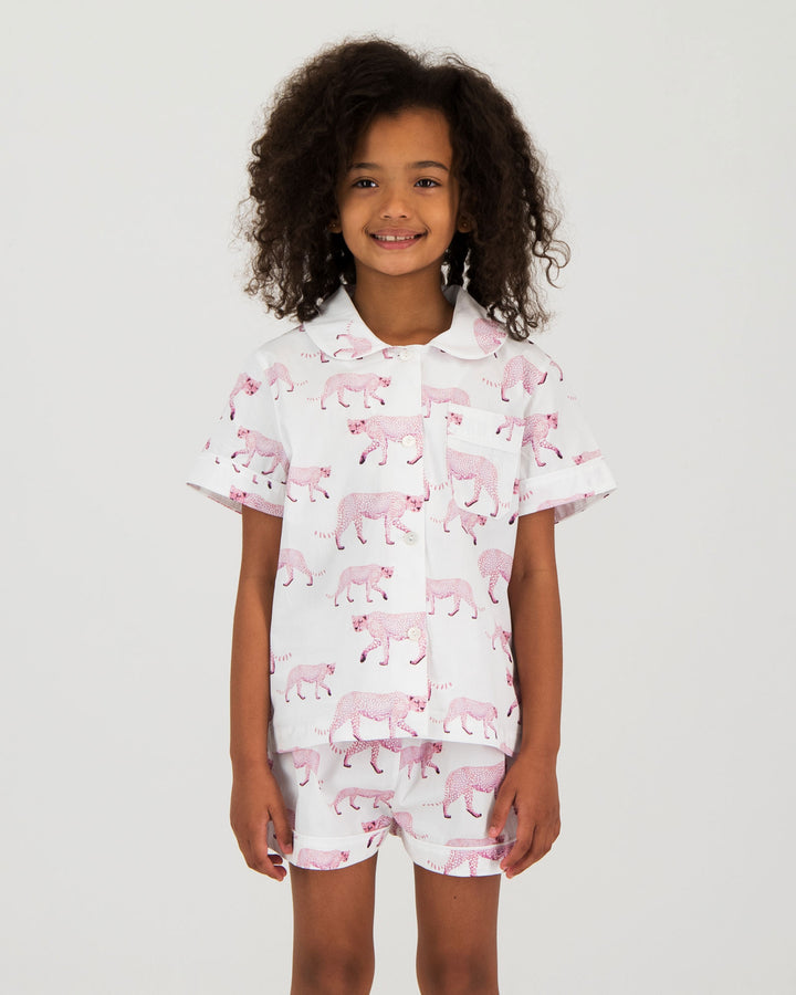 Girls Short Pyjamas - Pink Cheetahs on White Front - Woodstock Laundry