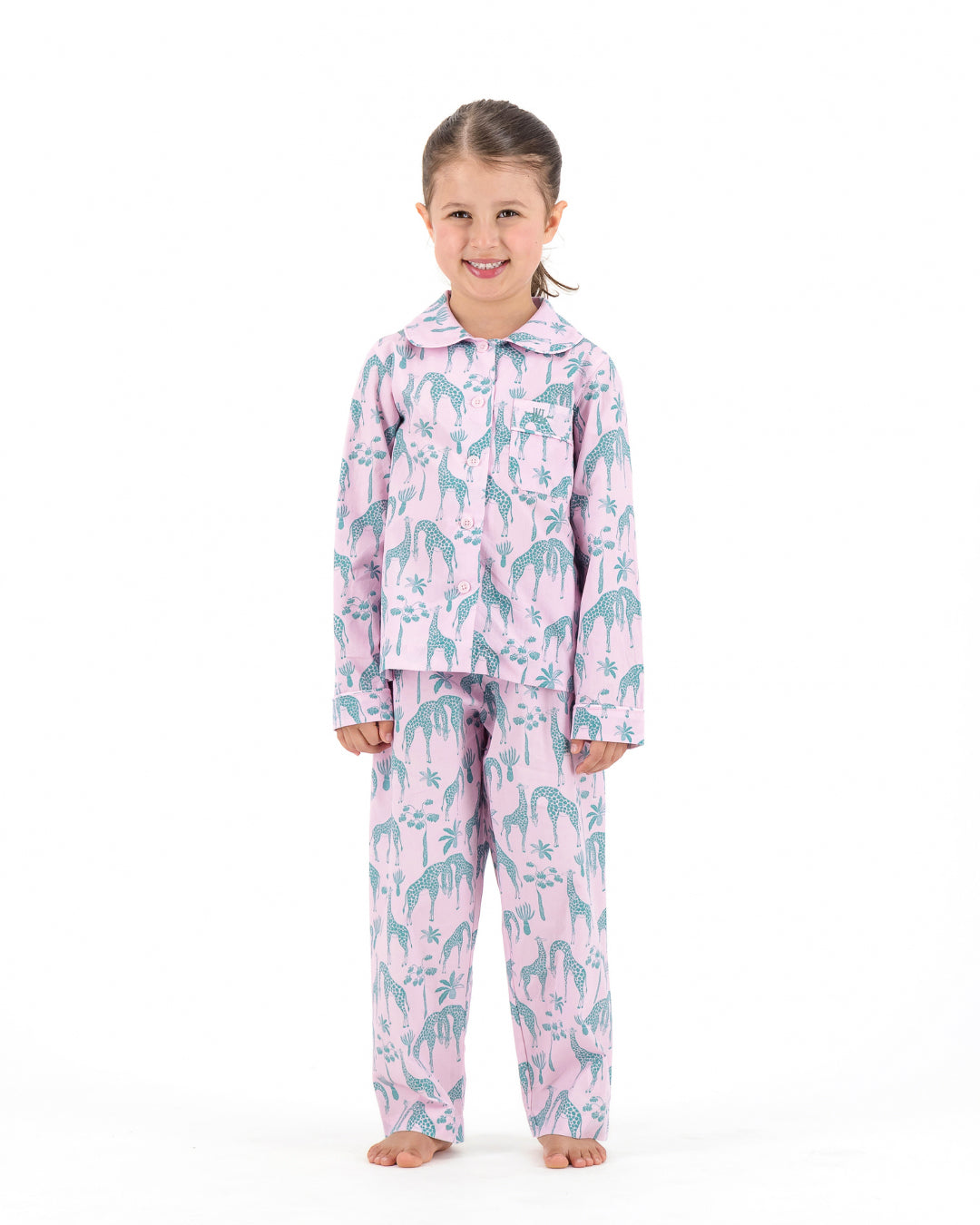 Girls Long Pyjamas - Green Giraffes on Pink