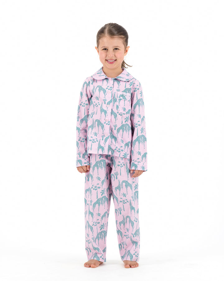 Girls Long Pyjamas - Green Giraffes on Pink