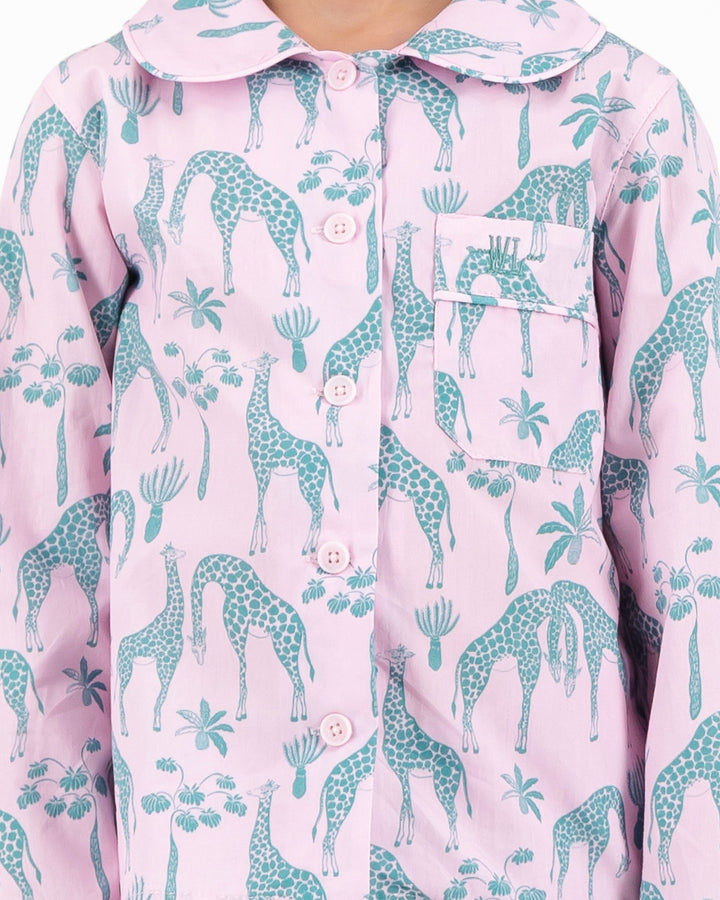 Girls Long Pyjamas - Green Giraffes on Pink