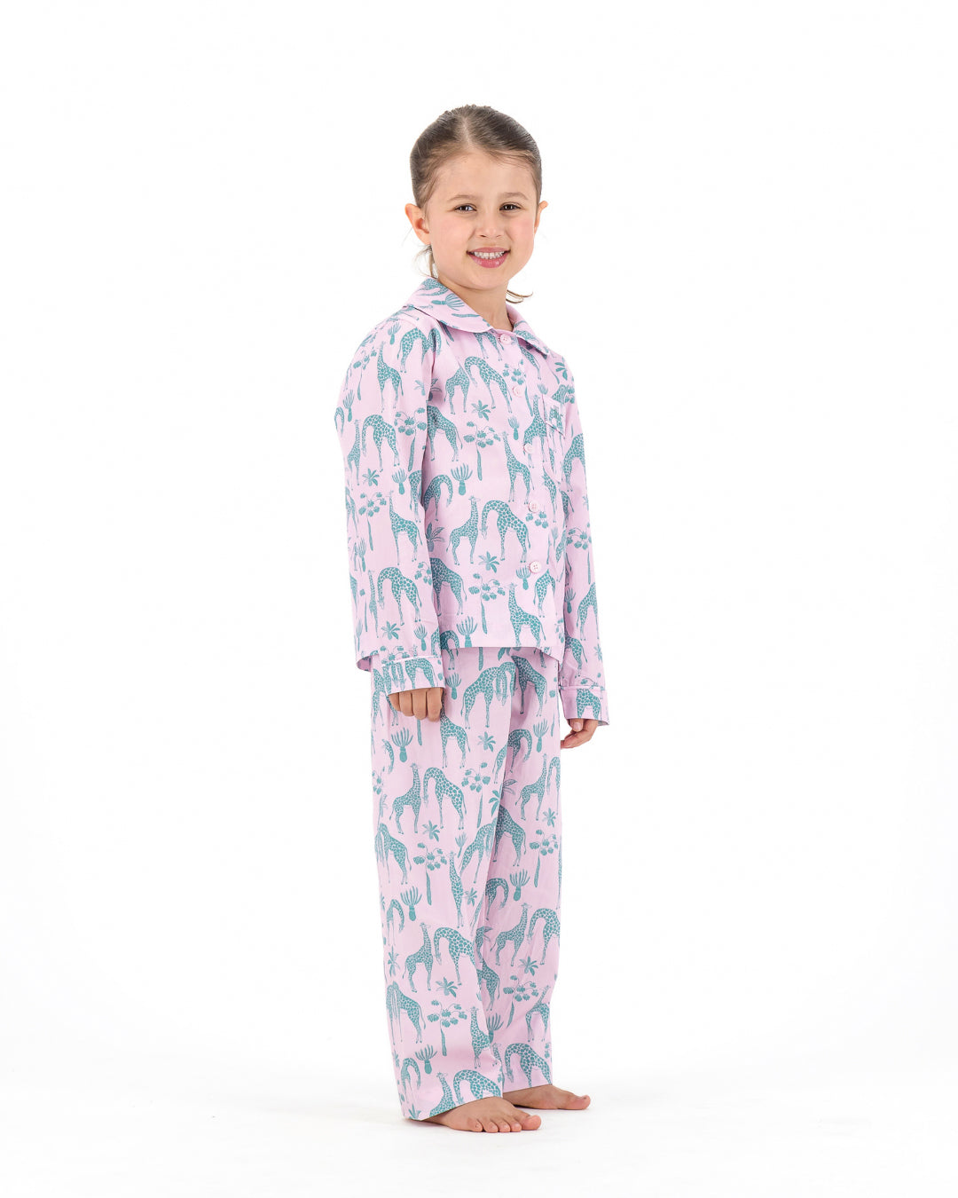 Girls Long Pyjamas - Green Giraffes on Pink