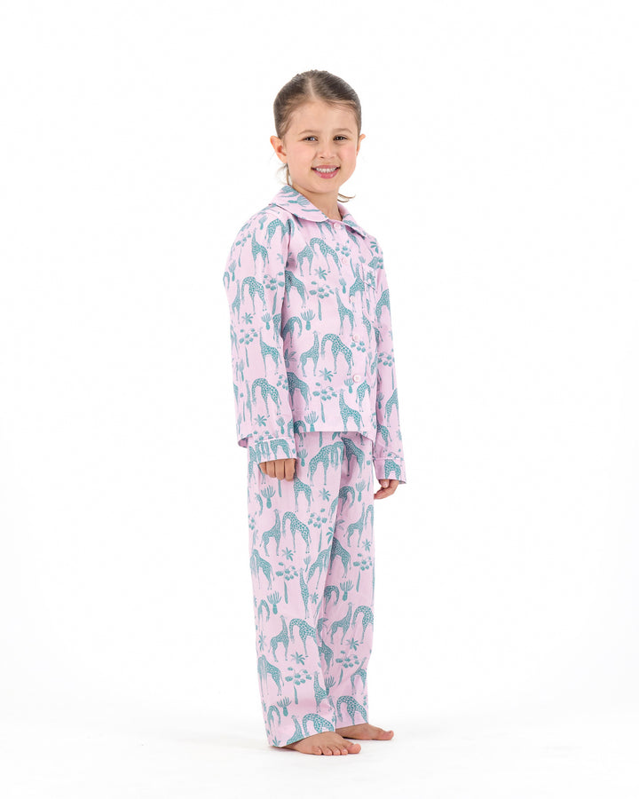 Girls Long Pyjamas - Green Giraffes on Pink