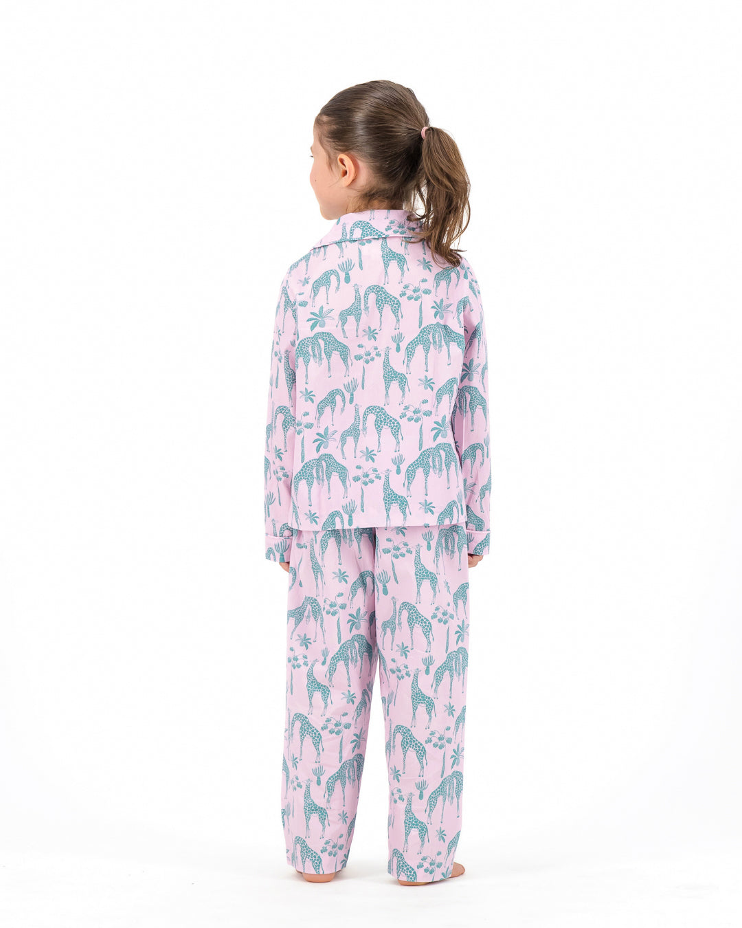 Girls Long Pyjamas - Green Giraffes on Pink