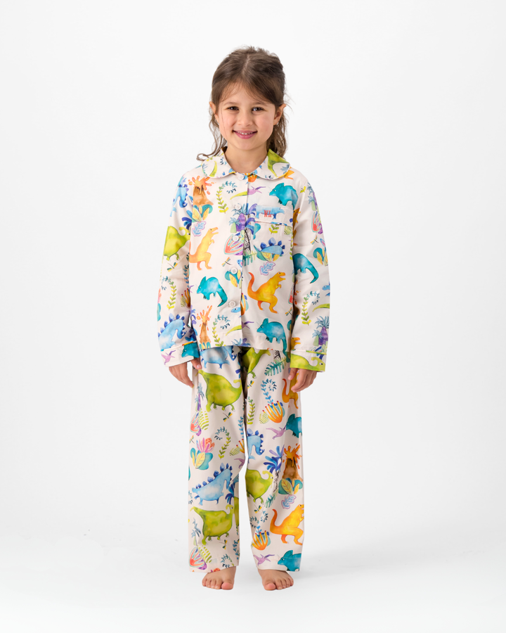Girls Long Pyjamas - Dinosaurs on Pink