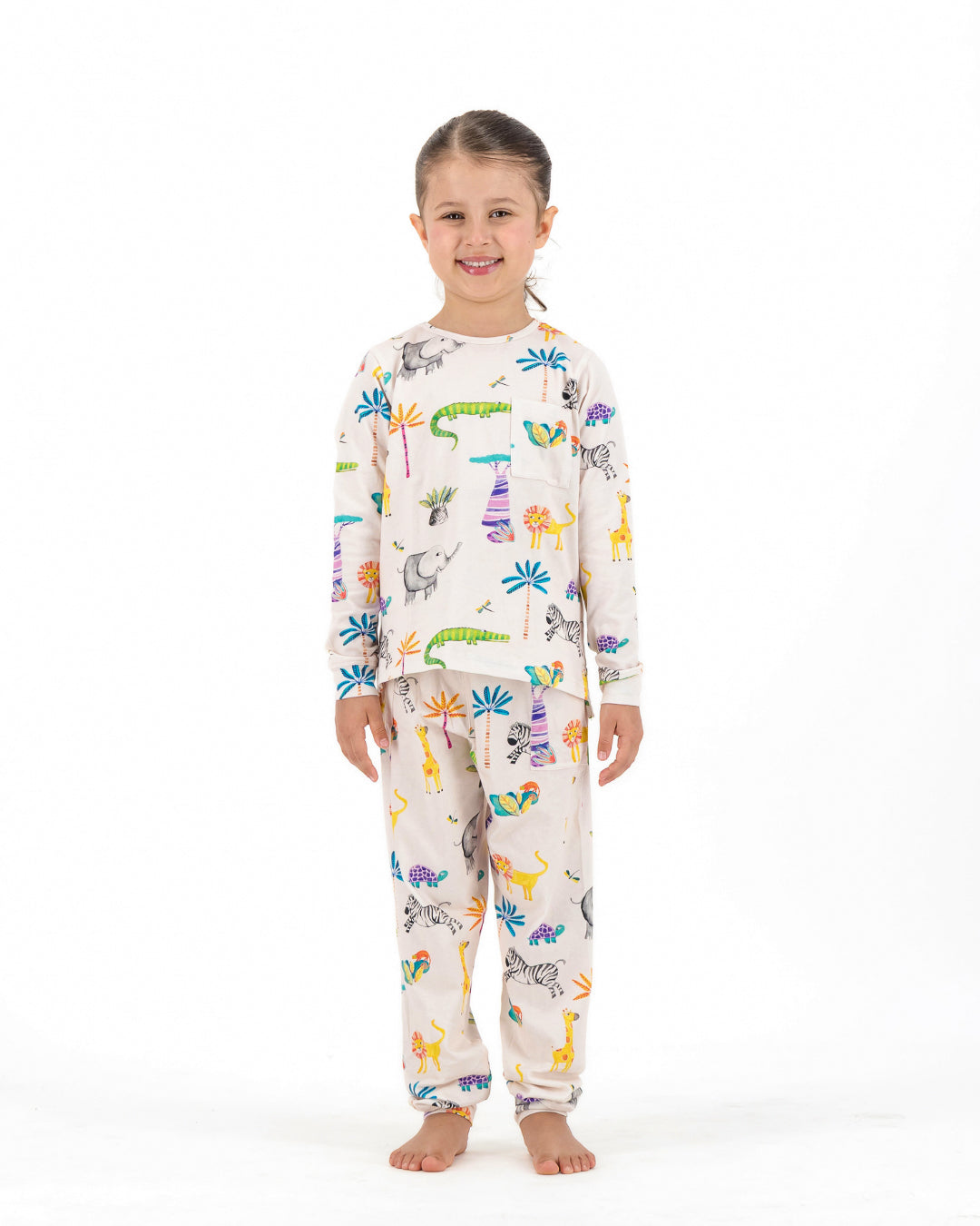 Kids Knitted Cotton Long Pyjama Set - Safari on Pink