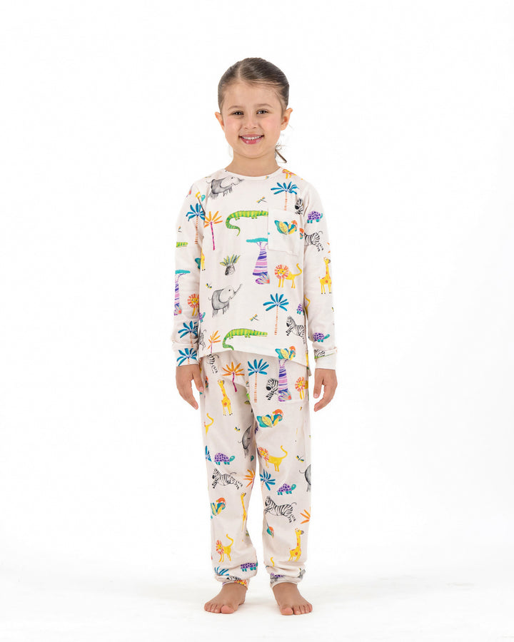 Kids Knitted Cotton Long Pyjama Set - Safari on Pink