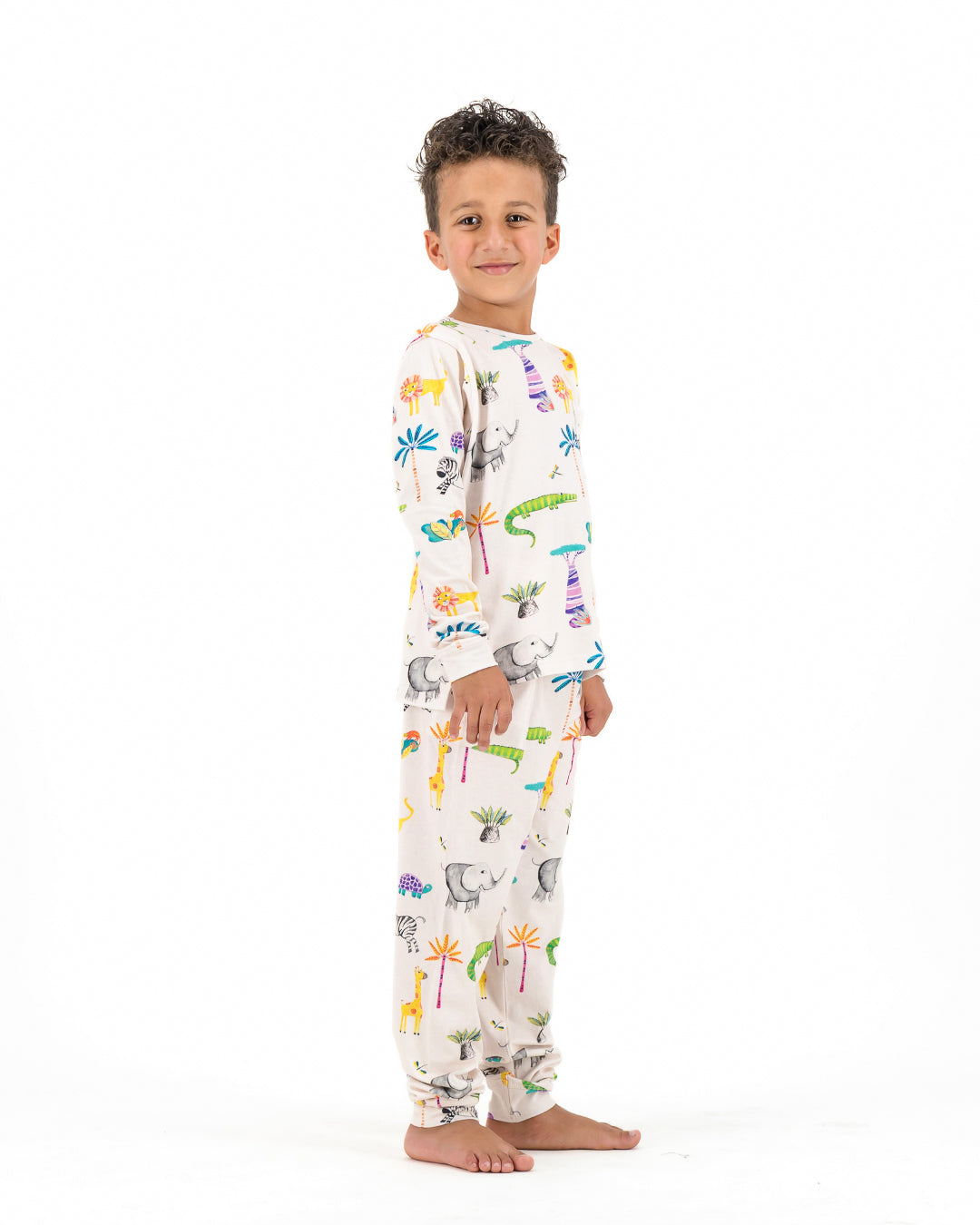 Kids Knitted Cotton Long Pyjama Set - Safari on Pink