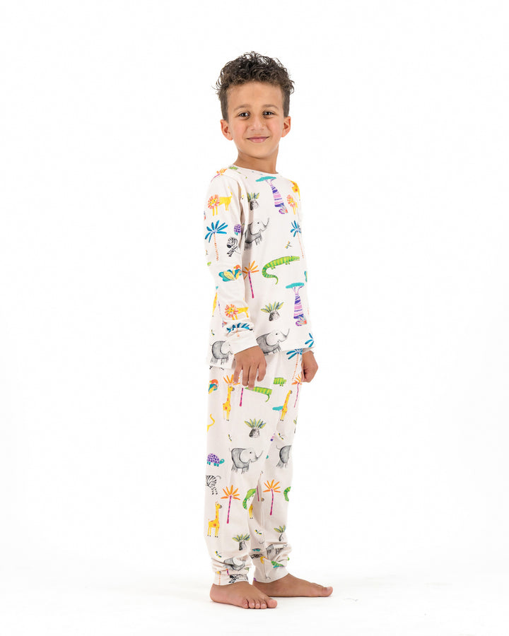 Kids Knitted Cotton Long Pyjama Set - Safari on Pink