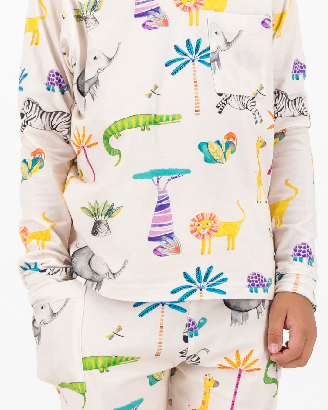 Kids Knitted Cotton Long Pyjama Set - Safari on Pink