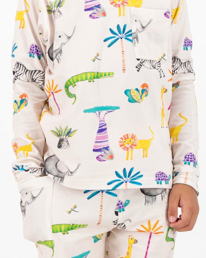 Kids Knitted Cotton Long Pyjama Set - Safari on Pink