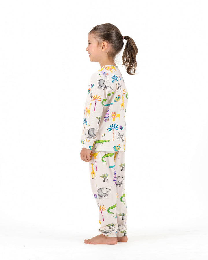 Kids Knitted Cotton Long Pyjama Set - Safari on Pink