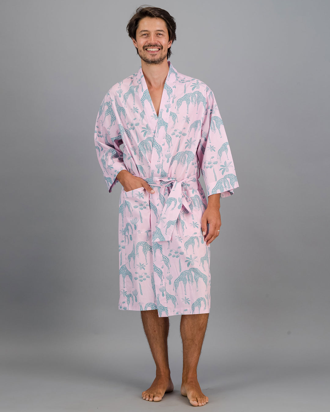 Adults Kimono - Green Giraffes on Pink