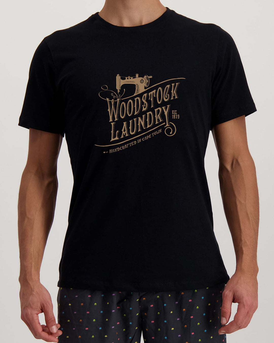 Mens T-Shirt Black with Cream Logo - Woodstock Laundry SA