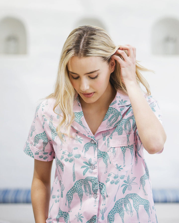 Womens Short Pyjamas - Green Giraffes on Pink