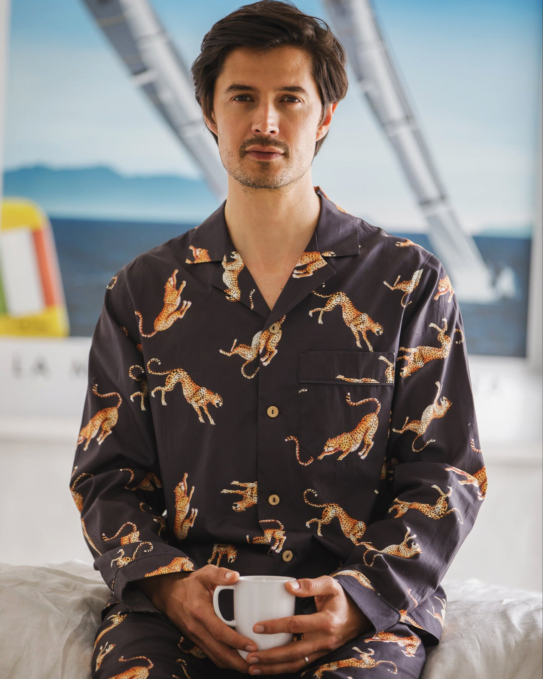Mens Long Pyjamas - Jumping Cheetahs on Charcoal