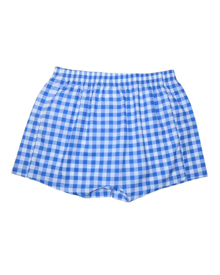 Mens Boxer Shorts - Blue Gingham on White