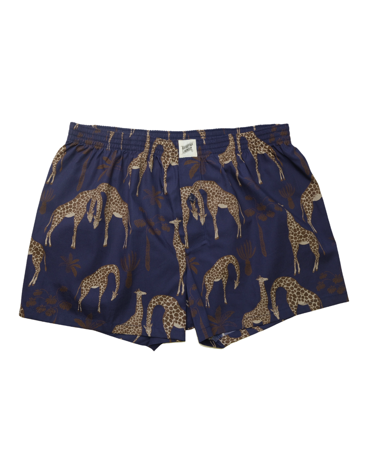 Mens Boxer Shorts - Brown Giraffes on Navy