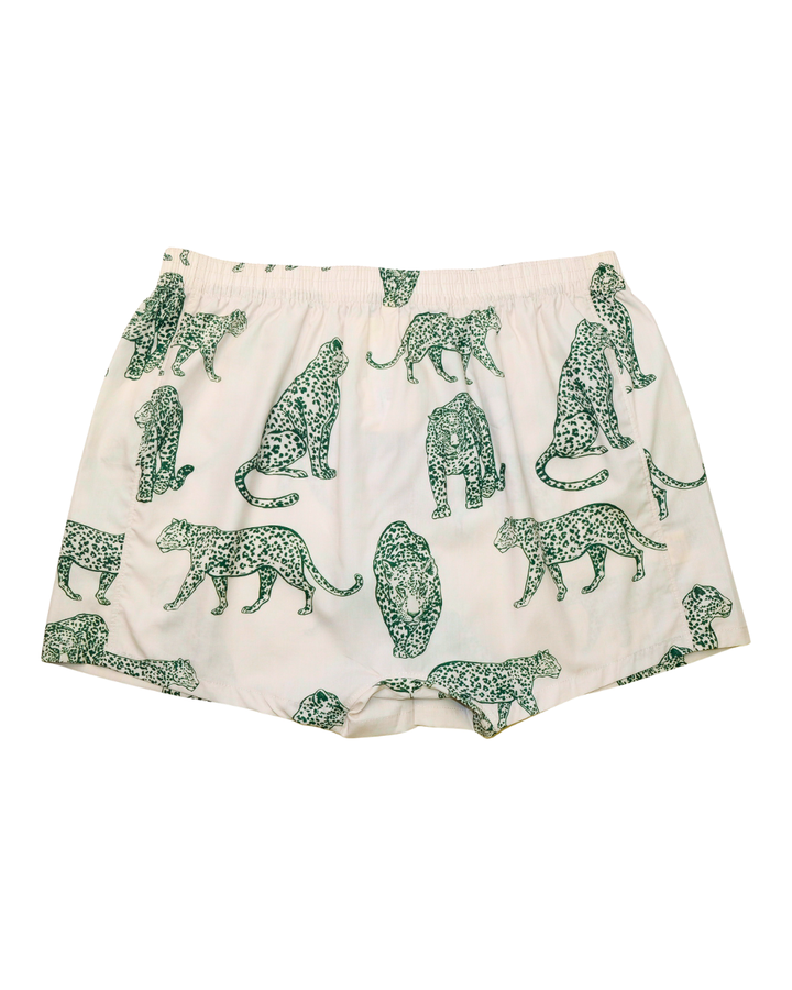 Mens Boxer Shorts - Teal Leopard on Off White