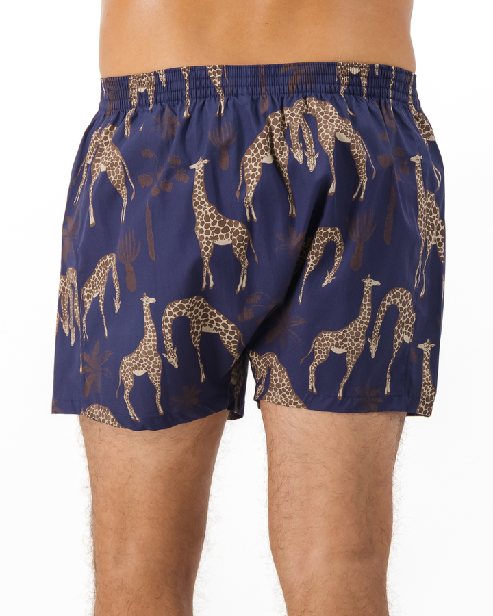 Mens Boxer Shorts - Brown Giraffes on Navy