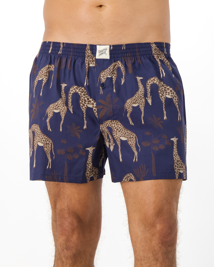 Mens Boxer Shorts - Brown Giraffes on Navy