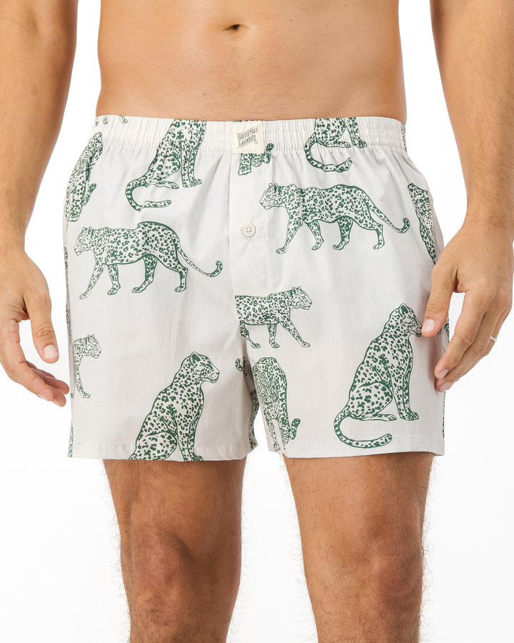 Mens Boxer Shorts - Teal Leopard on Off White