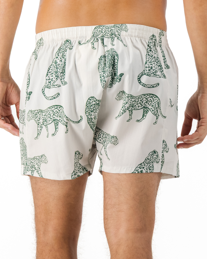 Mens Boxer Shorts - Teal Leopard on Off White