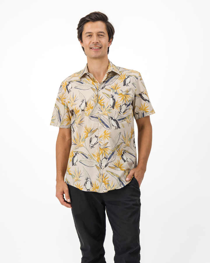 Mens Holiday Shirt - Penguins and Strelitzia on Stone