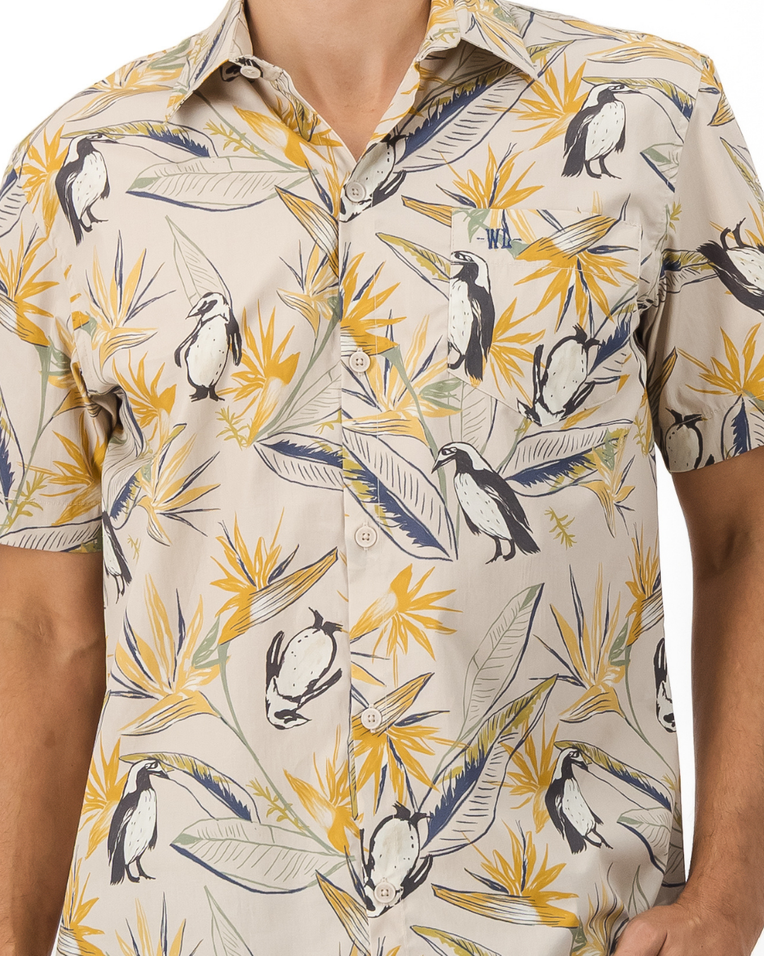 Mens Holiday Shirt - Penguins and Strelitzia on Stone