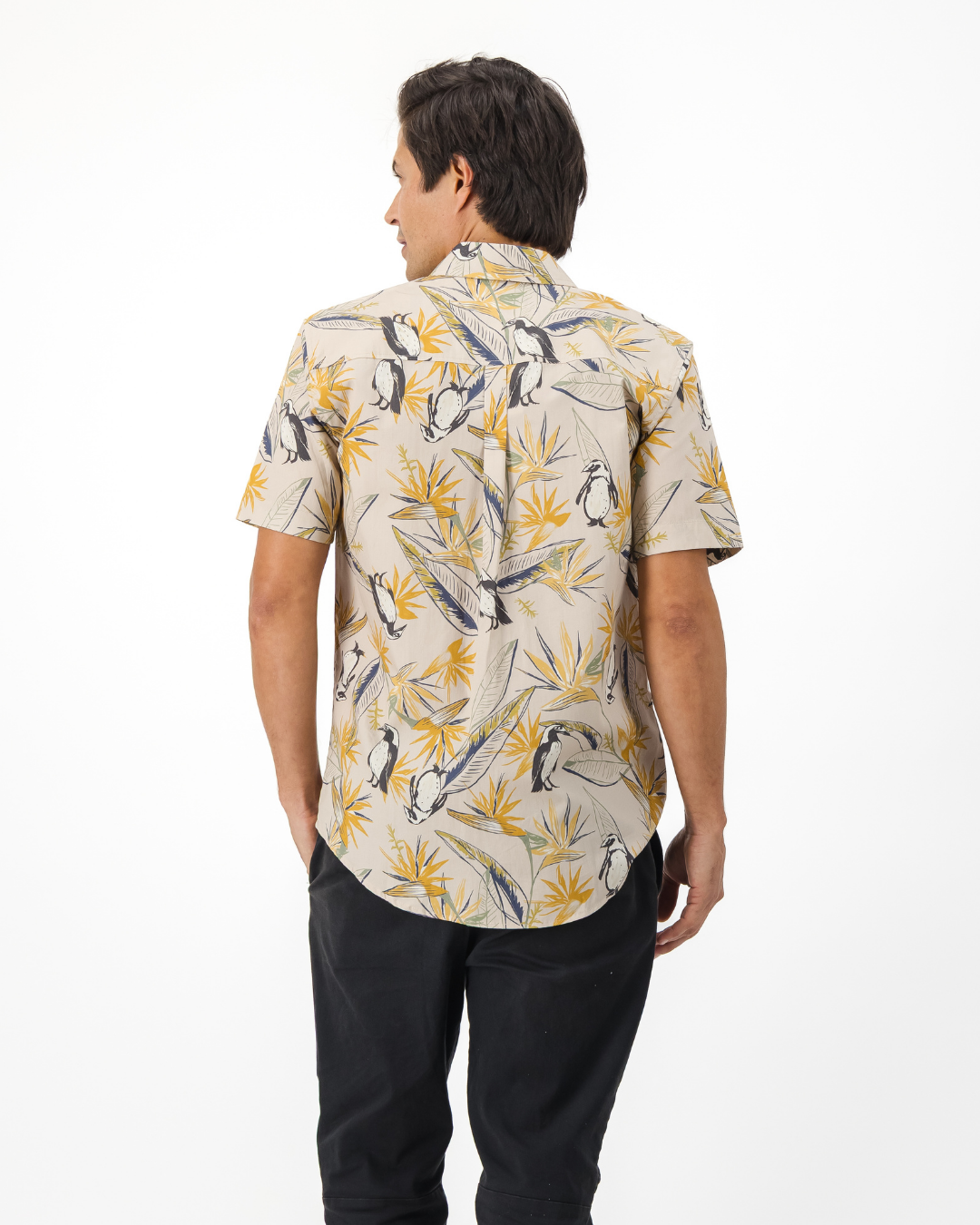 Mens Holiday Shirt - Penguins and Strelitzia on Stone