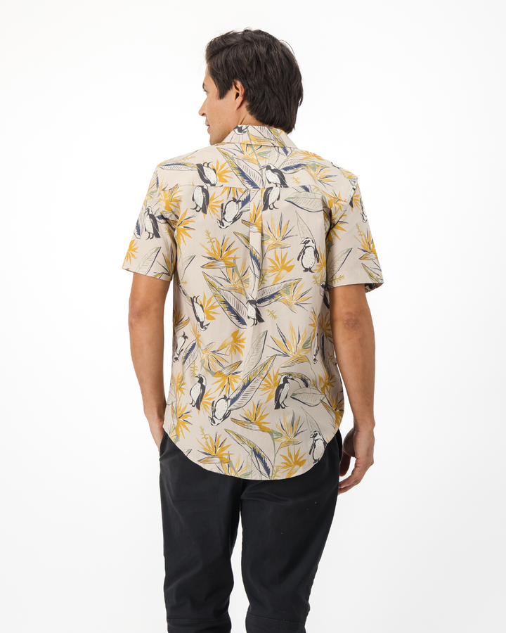 Mens Holiday Shirt - Penguins and Strelitzia on Stone
