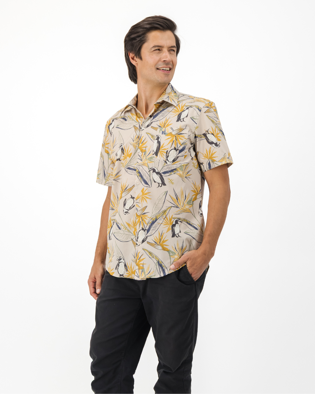 Mens Holiday Shirt - Penguins and Strelitzia on Stone