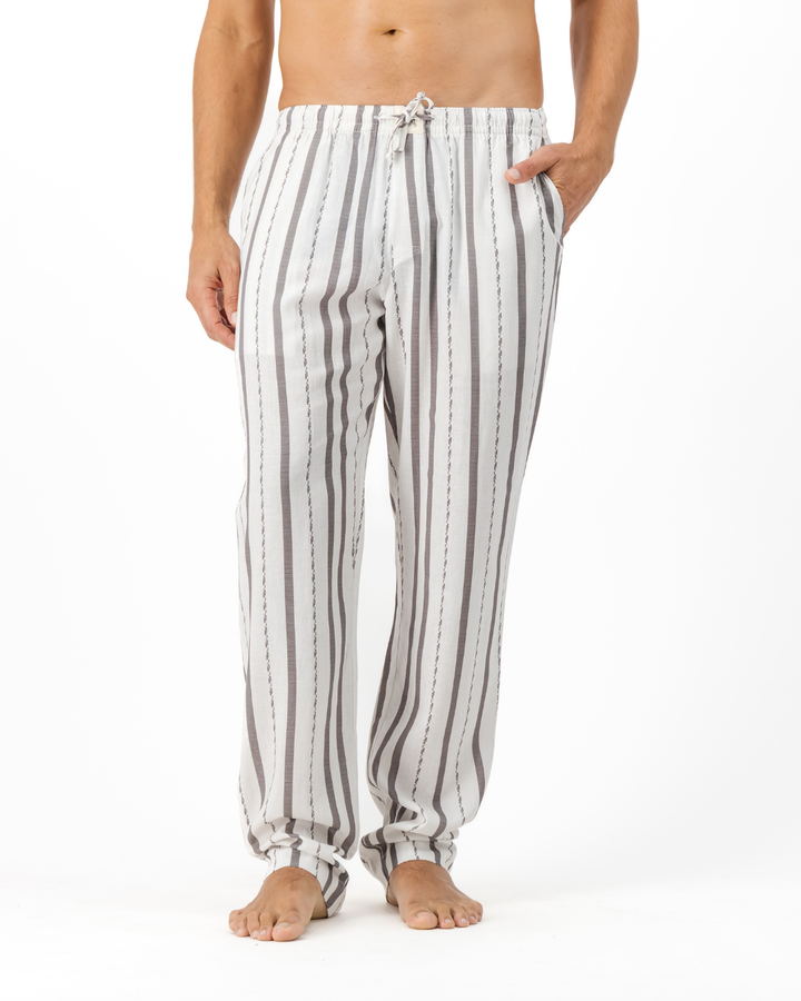 Mens Lounge Pants - Grey Textured Stripes on White