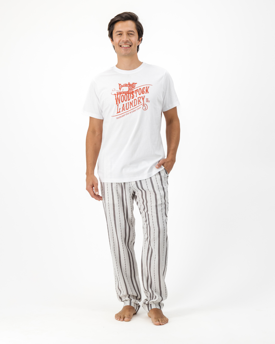 Mens Lounge Pants - Grey Textured Stripes on White