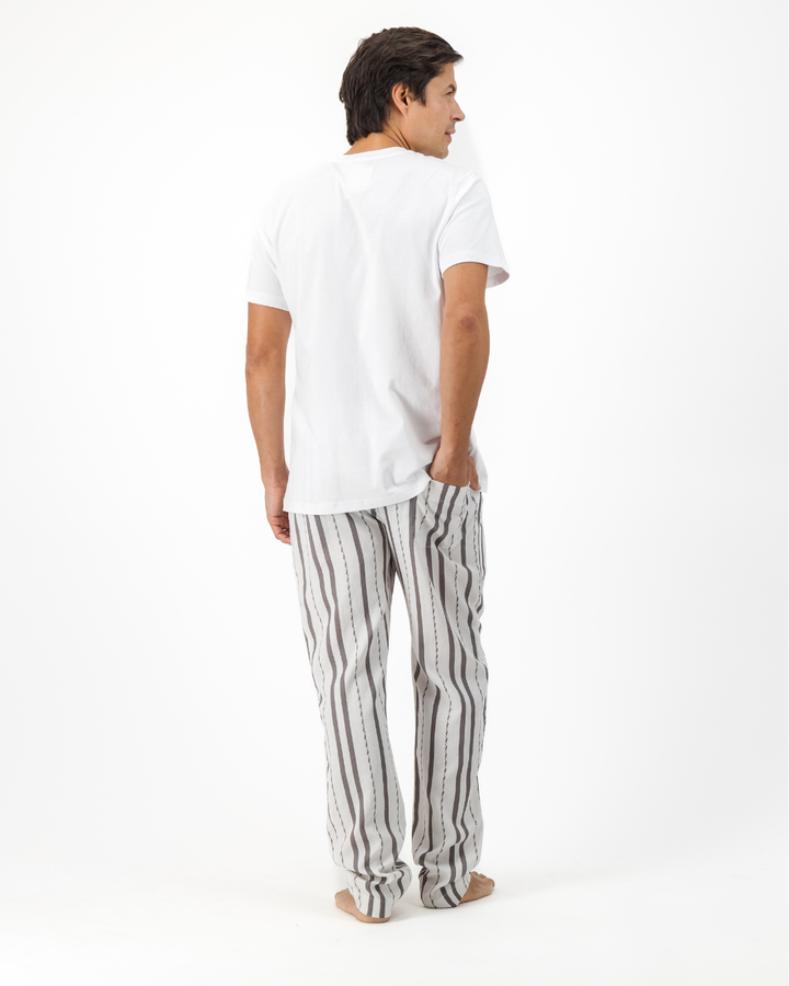 Mens Lounge Pants - Grey Textured Stripes on White