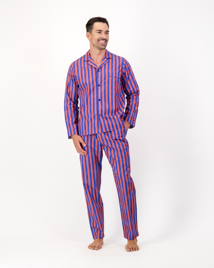Mens Long Pyjamas - Blue and Red Stripe
